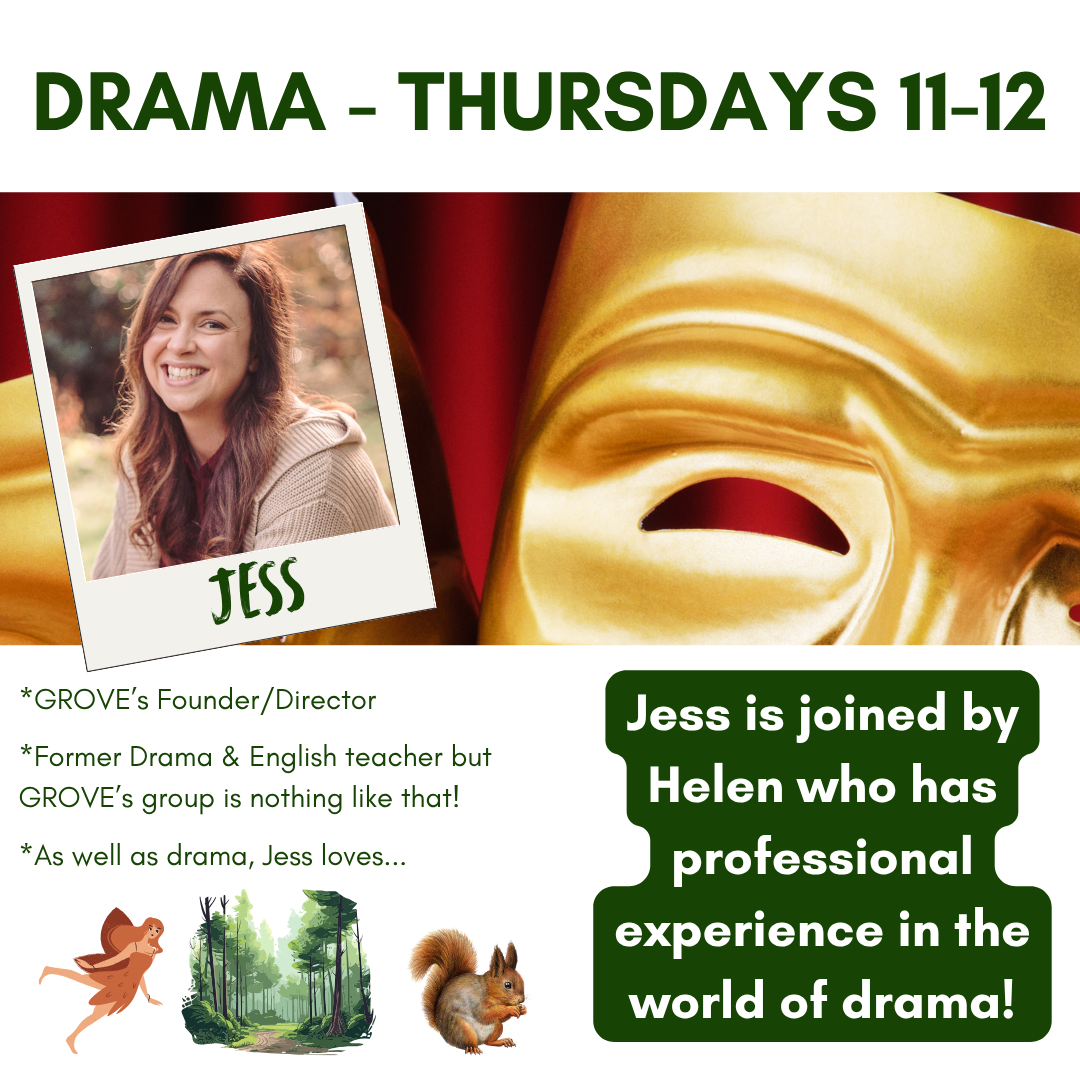 drama 1 image of Jess - a white woman with long dark hair - DRAMA - THURSDAYS 11-12 JESS Jess is joined by Helen who has professional experience in the world of drama! *GROVE’s Founder/Director *Former Drama & English teacher but GROVE’s group is nothing like that! *As well as drama, Jess loves...